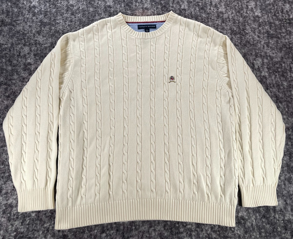 Vintage Tommy Hilfiger Sweater Mens XL Luxury Ivory Cable Knit Fisherman
